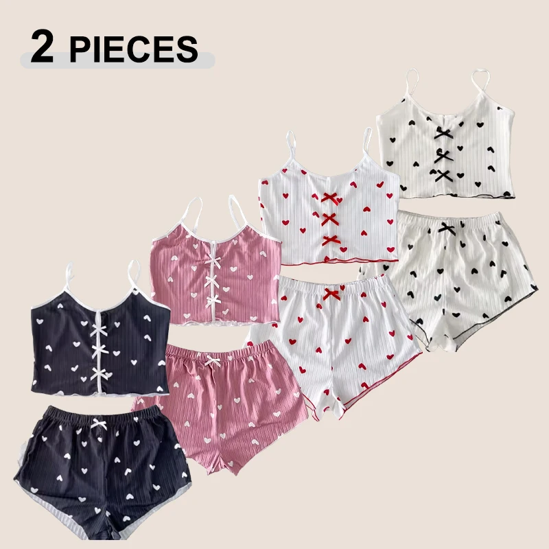 

Sleepwear Women Pajamas Set Heart Print Soft Ribbed Fabric with Flirty Frill Trim Casual Cami Top and Shorts Sets Loungewear New