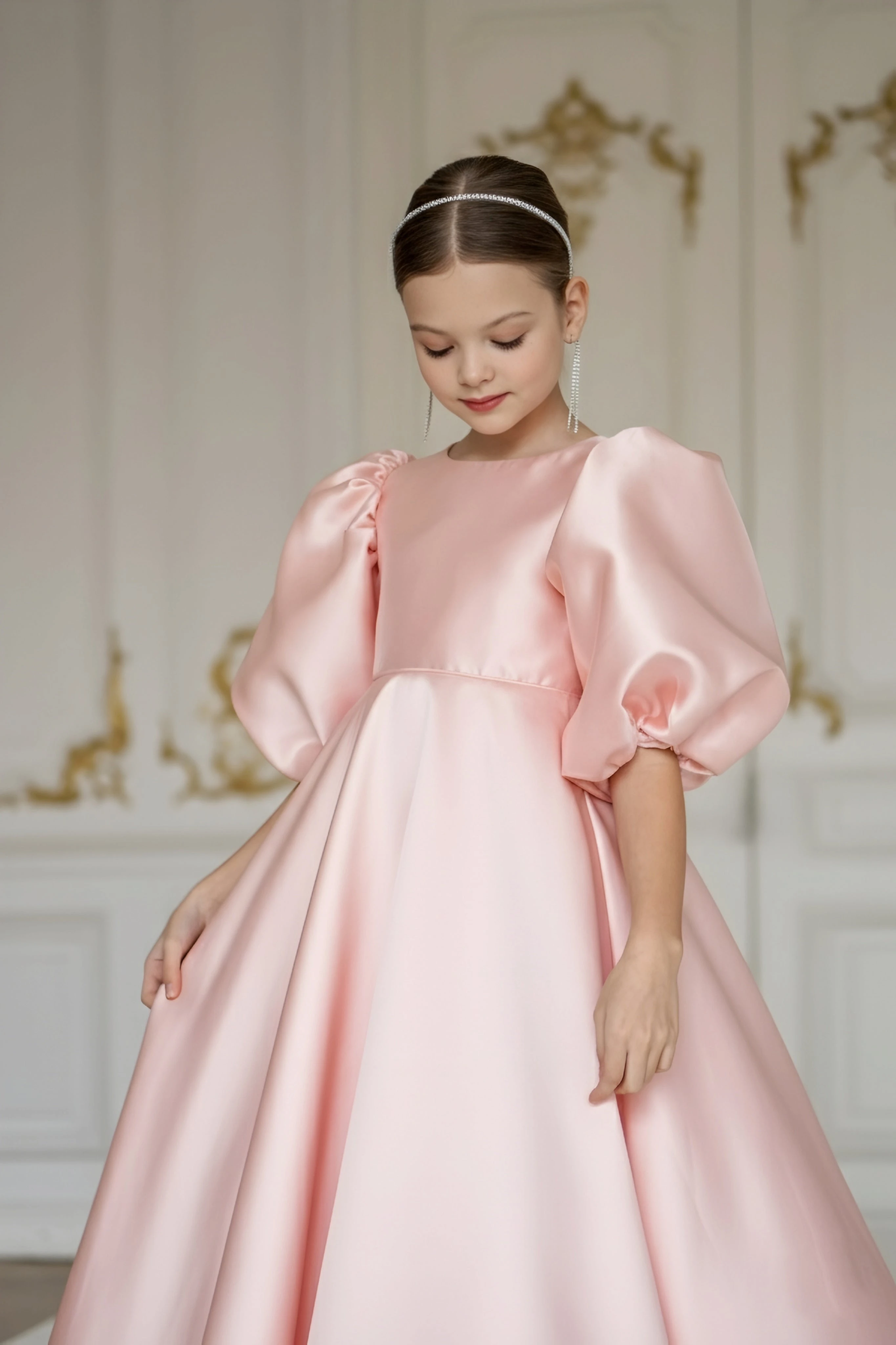 Elegant Pink Satin O-Neck Long Puffy Sleeves Flower Girl Dress for Children's Sacrament Birthday Bridesmaid Dress Customize