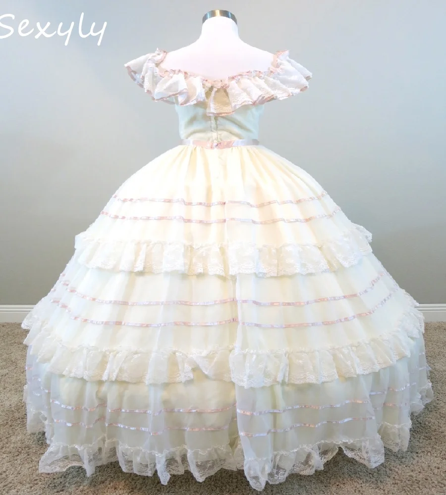 80s Cream Medieval Wedding Dress Tiered Ruffles Lace Bride Dress 2025 Civil War Rococo Bridal Dress Renaissance 19th Customized