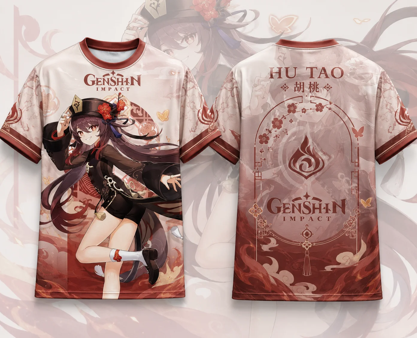 Genshin Impact Hu Tao T‑Shirt Anime Print Short Sleeve Y2K Harajuku Streetwear Polyester Mesh Casual Tee for Men Women Cosplay
