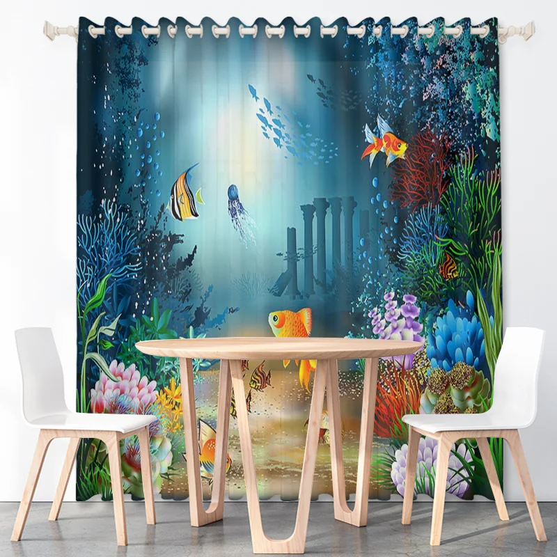 

Cartoon Kids Classic Underwater World Curtain Blue Marine Animals Coral Reef Thin Polyester Fabric Living Room Office Decoration