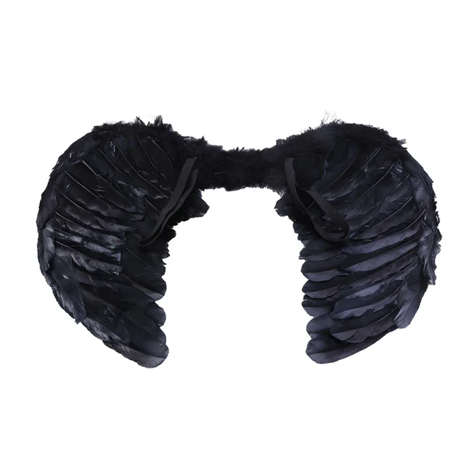 Vintage Wings Black Angel Costume Witch Devil Horns Hair Hoop Set Decorations Feather Black Swan Cosplay Halooween Accessories