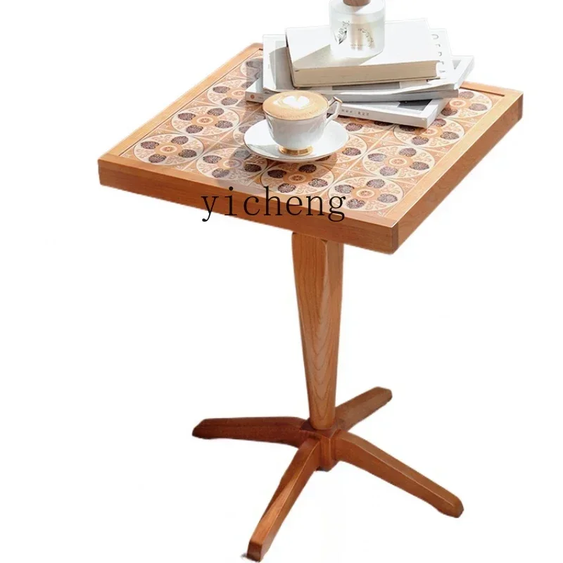 ZC Vintage Solid Wood Small Coffee Table Balcony Living Room Tile Tea Table  Coffee Square Table fairy garden  home decor