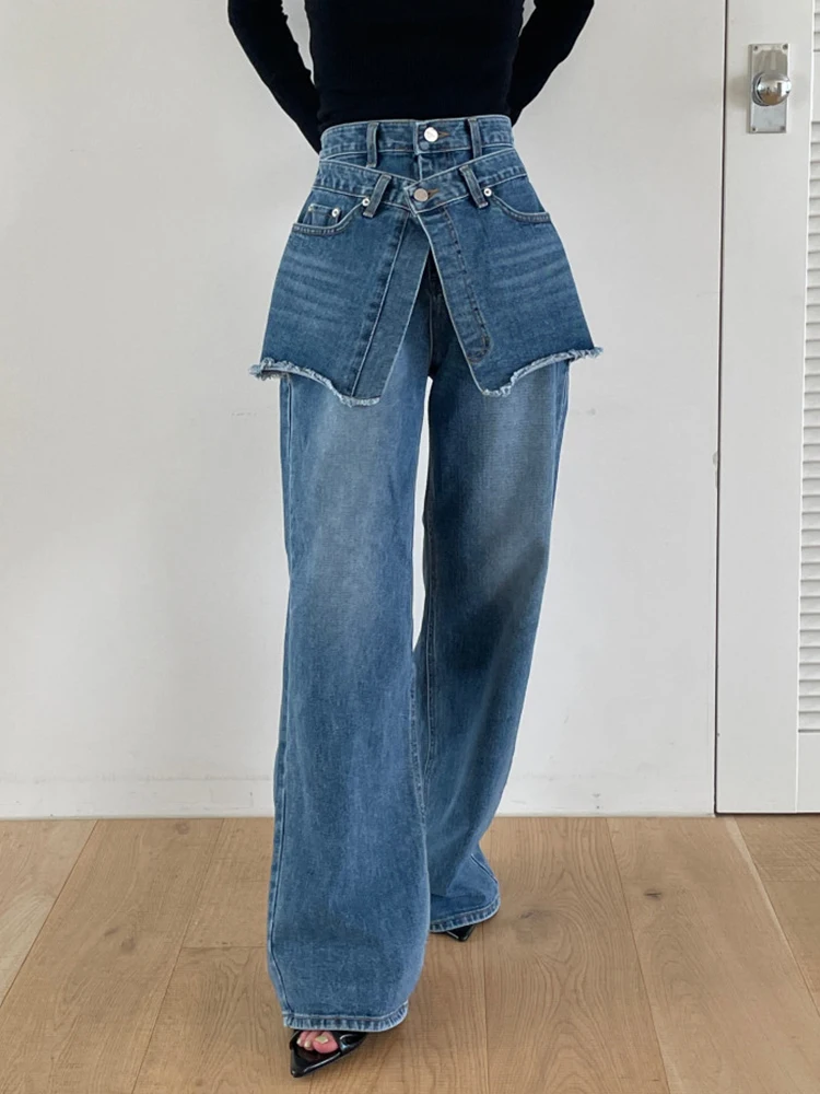 Designer Fake 2 Two-Piece Jeans Women with Waist Seal Wide Leg High Waist Casual Denim Pants Vintage Y2K Streetwear Trousers