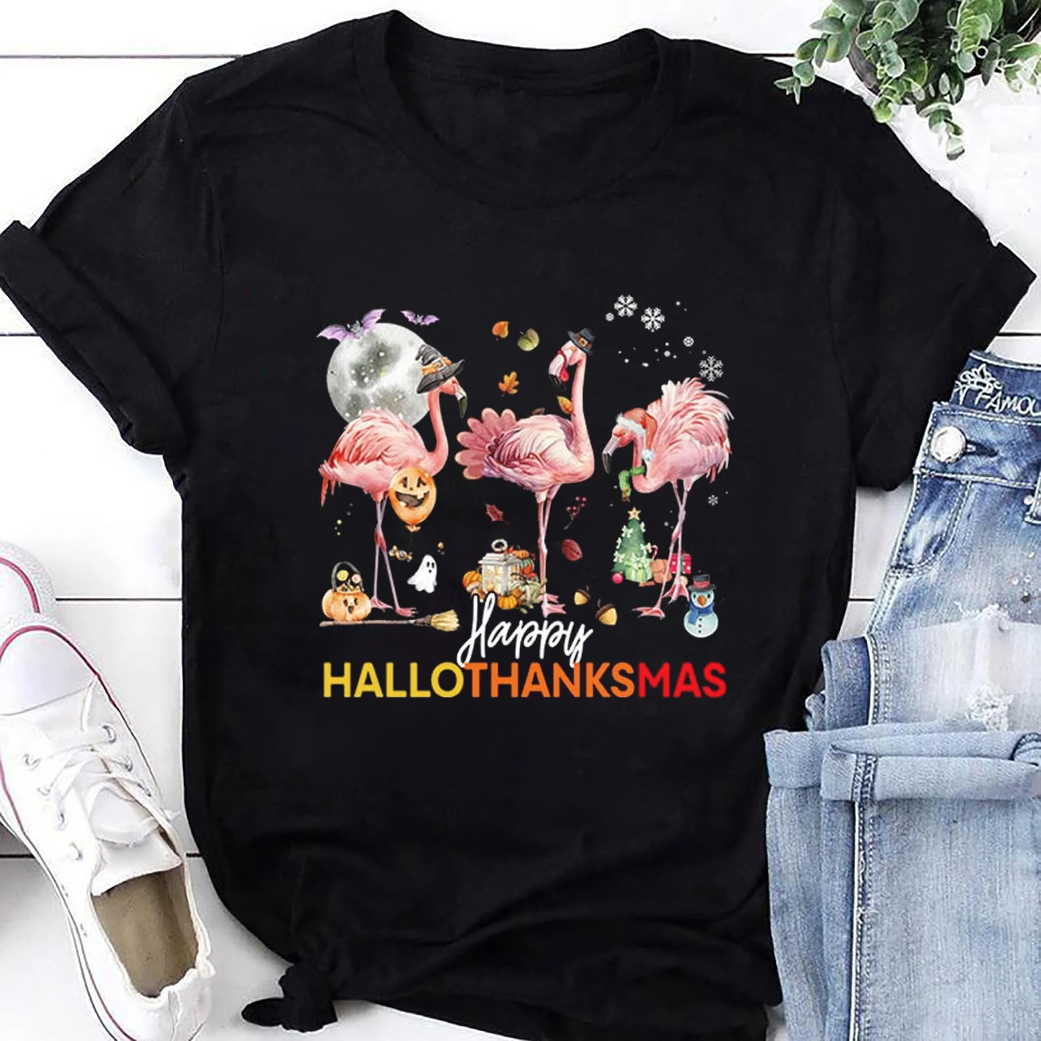 Pink Flamingo HalloThankSmas T Shirt Funny Halloween Christmas Season GifT