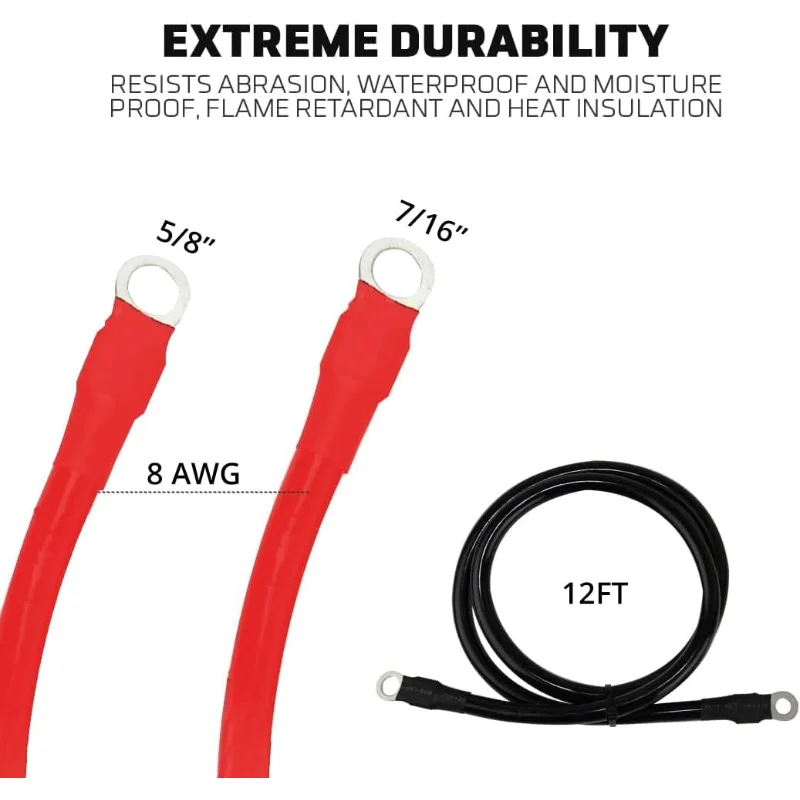 كابل بطارية Power Bright 0 AWG بطول 12 قدم من النحاس النقي مع عروات 5/16 بوصة 7/16 بوصة، كابلات سلكية احترافية من السلسلة 0