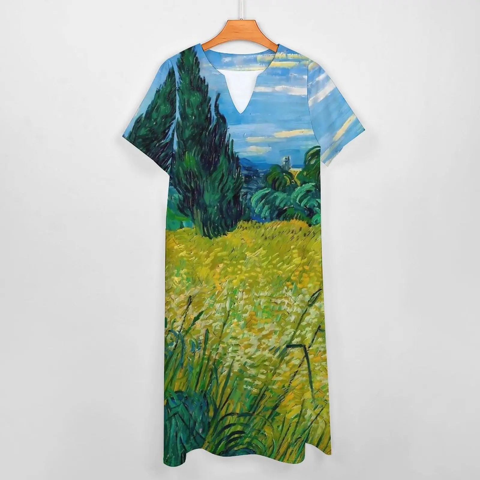 Van Gogh Dress Green Wheat Field Cute Maxi Dress V Neck Pattern Casual Long Dresses Street Wear Big Size Vestidos