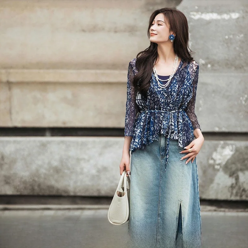 

Silk irt Jaet Set Women's New Arrival Spring Summer Blue Print Retro Two-Piece Straight Cut Long Sve V-Ne Gown