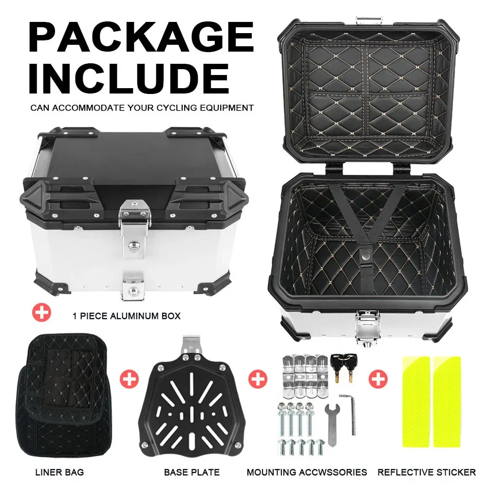 65L Aluminum Alloy Double Lock Motorcycle Top Case Silver Extra Large Tail Trunk Waterproof Luggage Box Long Distance