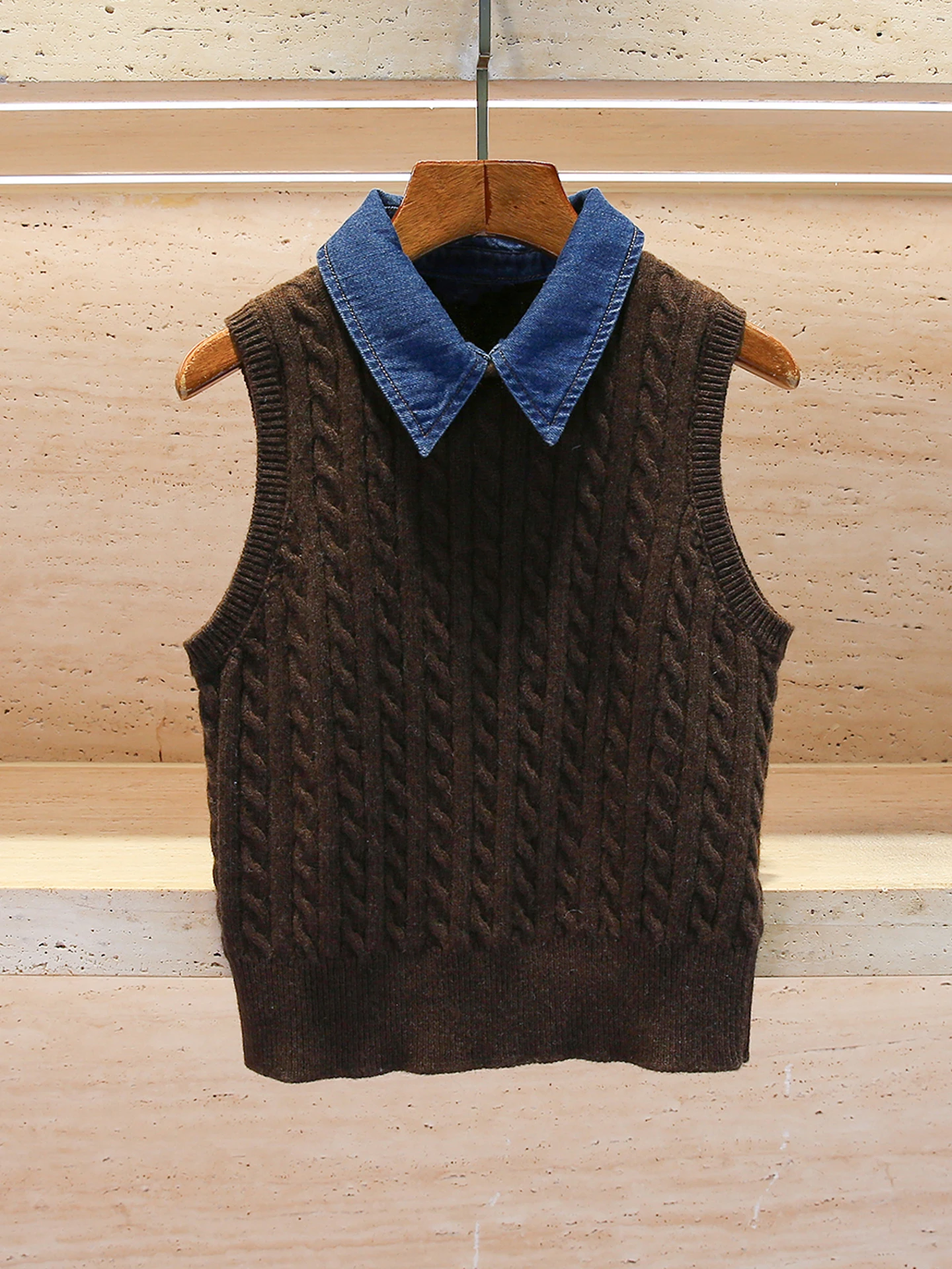 

S Home South Oil Высококачественный женский винтажный джинсовый вязаный жилет с воротником для осени и зимы, простой трикотаж для поездок на работу