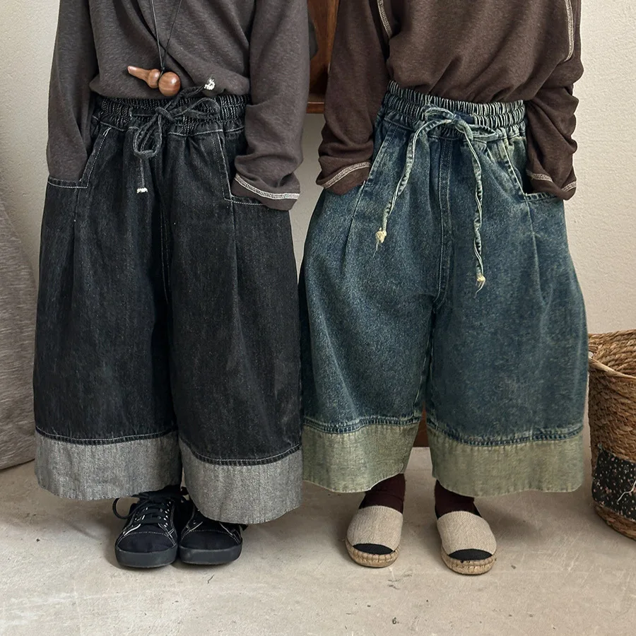 

2025 Autumn New Kids Jeans Korean Fashion Casual Daily Cotton Wide-leg Denim Pants Boys Girls Ankle-length Trousers