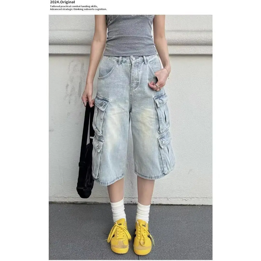 

American Sle Loose Wide Leg Jeans Women's Casual ort Trousers with Multiple kets Distred Cotton Polyester Blend