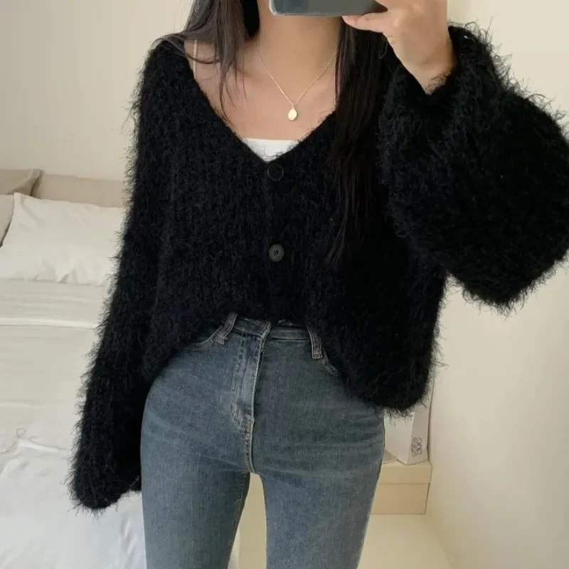 Neploe Korean Fashion V-neck Lazy Sweaters Coat 2024 Autumn Winter Waterproof Mink Cardigan Y2k Long Sleeve Knitted Tops Women