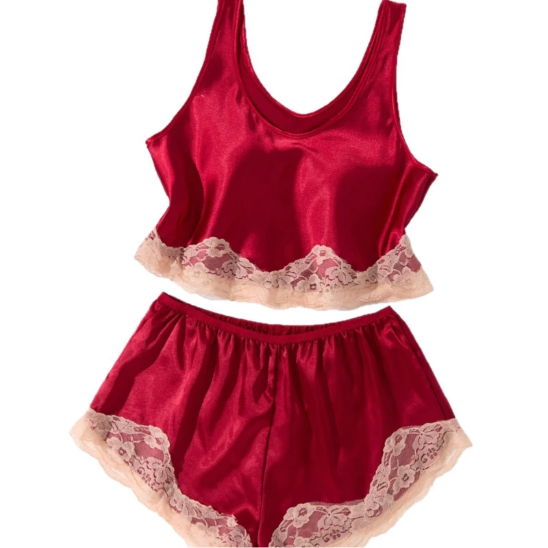 

2026 Summer New Hot Selling Satin Patchwork Lace Minimalist Vest and Shorts Home Two-piece Set for Women