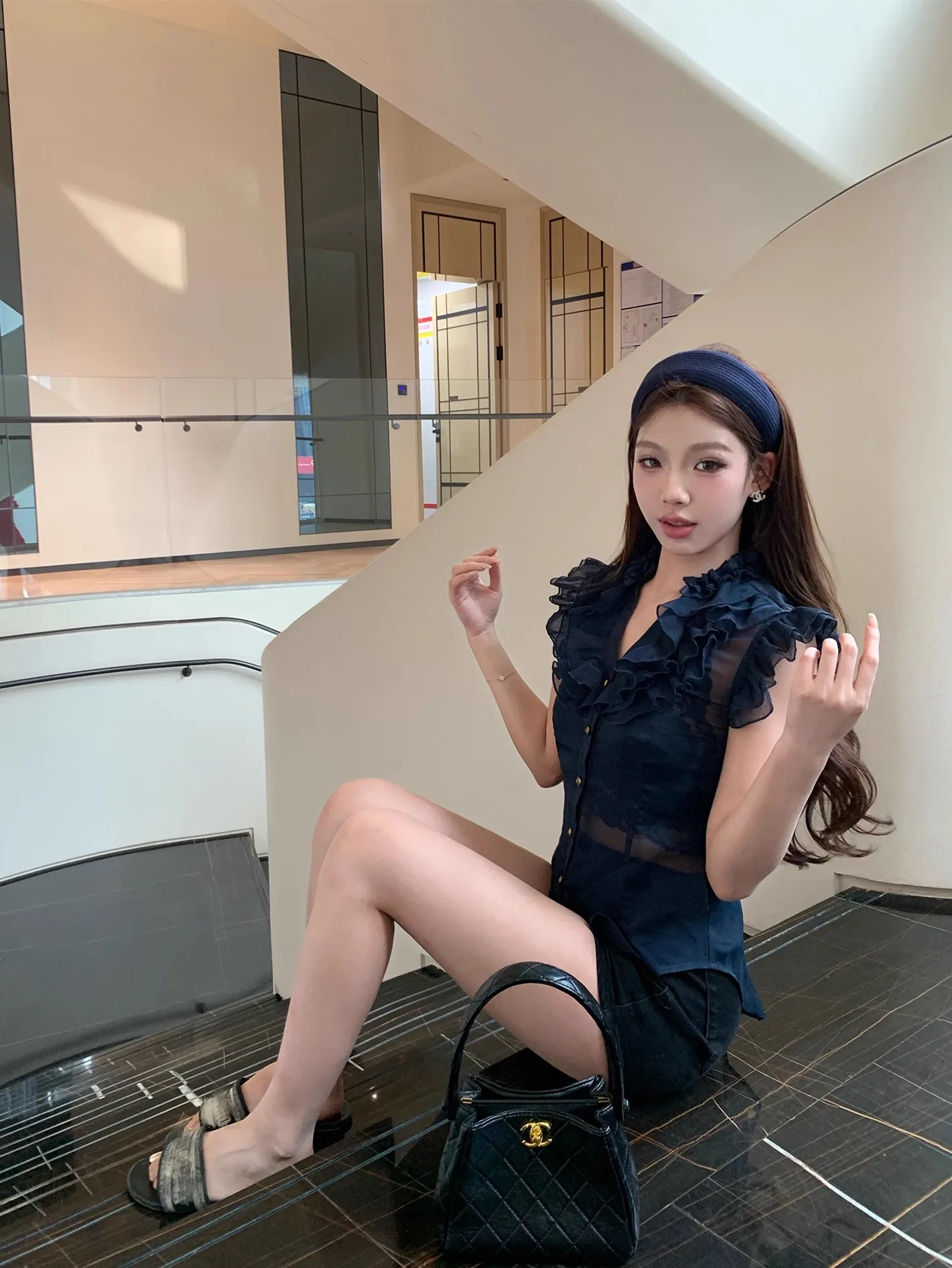 

EU Summer New Design Sensual See-tough Sensation Svel Women's Chiffon Top Ele V-ne Polyester Fiber Blouse