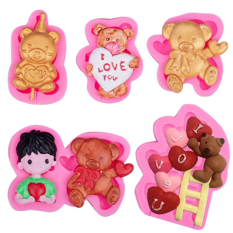 3D Bear Silicone Molds Love Heart Fondant Cake Decorating Tools DIY Cupcake Topper Chocolate Candy Resin Clay Mould