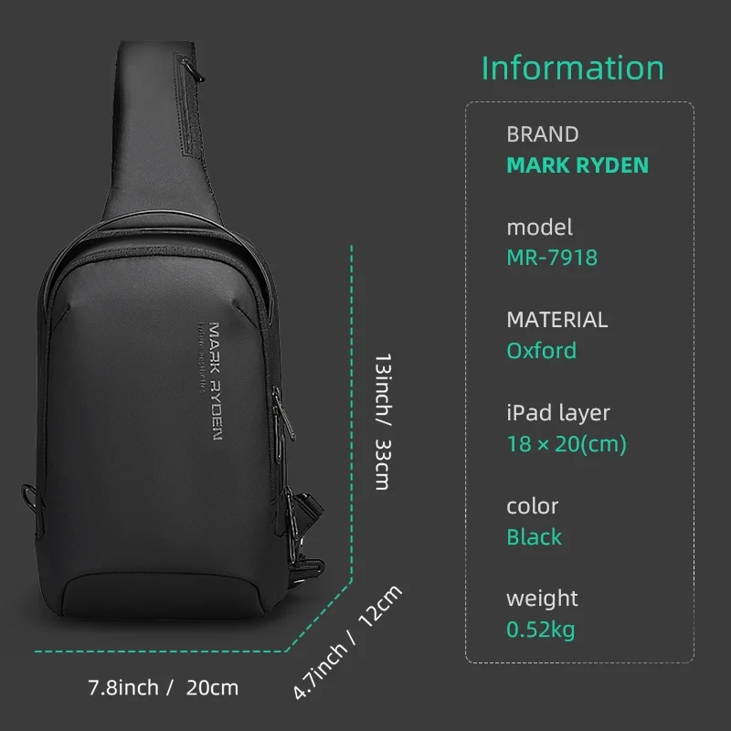 Mark Ryden Umhängetasche für Herren, wasserabweisende Sport-Brusttasche, Diebstahlsichere Umhängetaschen, USB-Lade-Umhängetasche