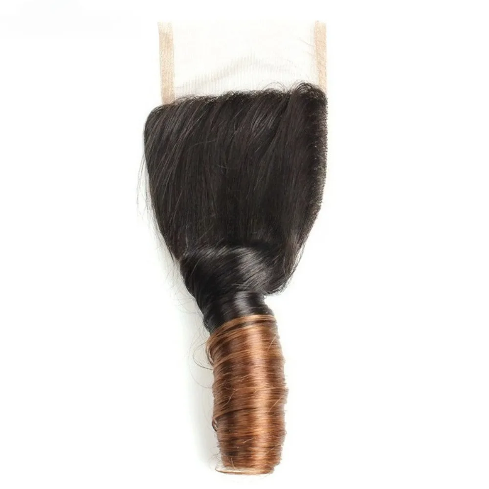 Blocco di capelli per persona reale 10A T1B/4 #   Chiusura di capelli umani reali al 100% di Remy vergine brasiliana con curvatura a molla a doppio colore