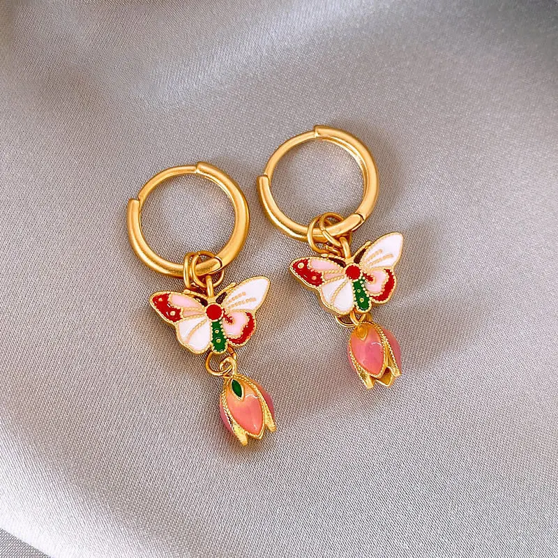 Steel Fun Chinese Style Pink Green Pipa Butterfly Earrings for Women Girl Vintage Chinese Knot Folding Fan Ethnic Style Ear Stud