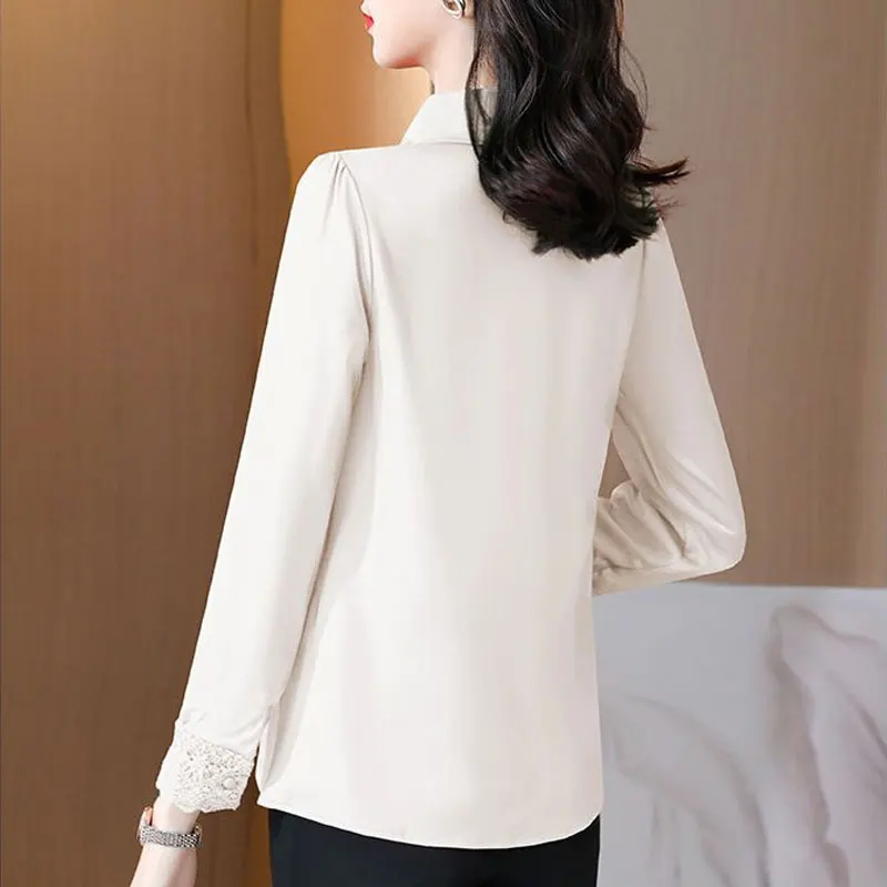 Blusa emendada com bordado de renda, single-breasted, roupa feminina, camisa de comutar vintage, gola virada para baixo, elegante, primavera,