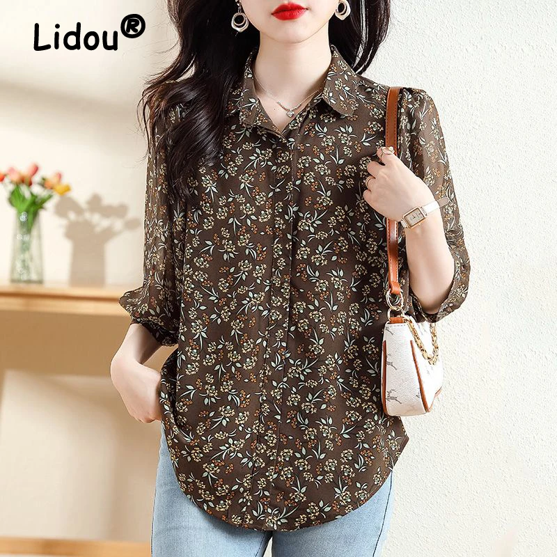 Women\'s Vintage Floral Print Button Shirt Spring Summer Fashion Turn Down Collar 3/4 Sleeve Blouse Chic Loose Casual Tops Blusas