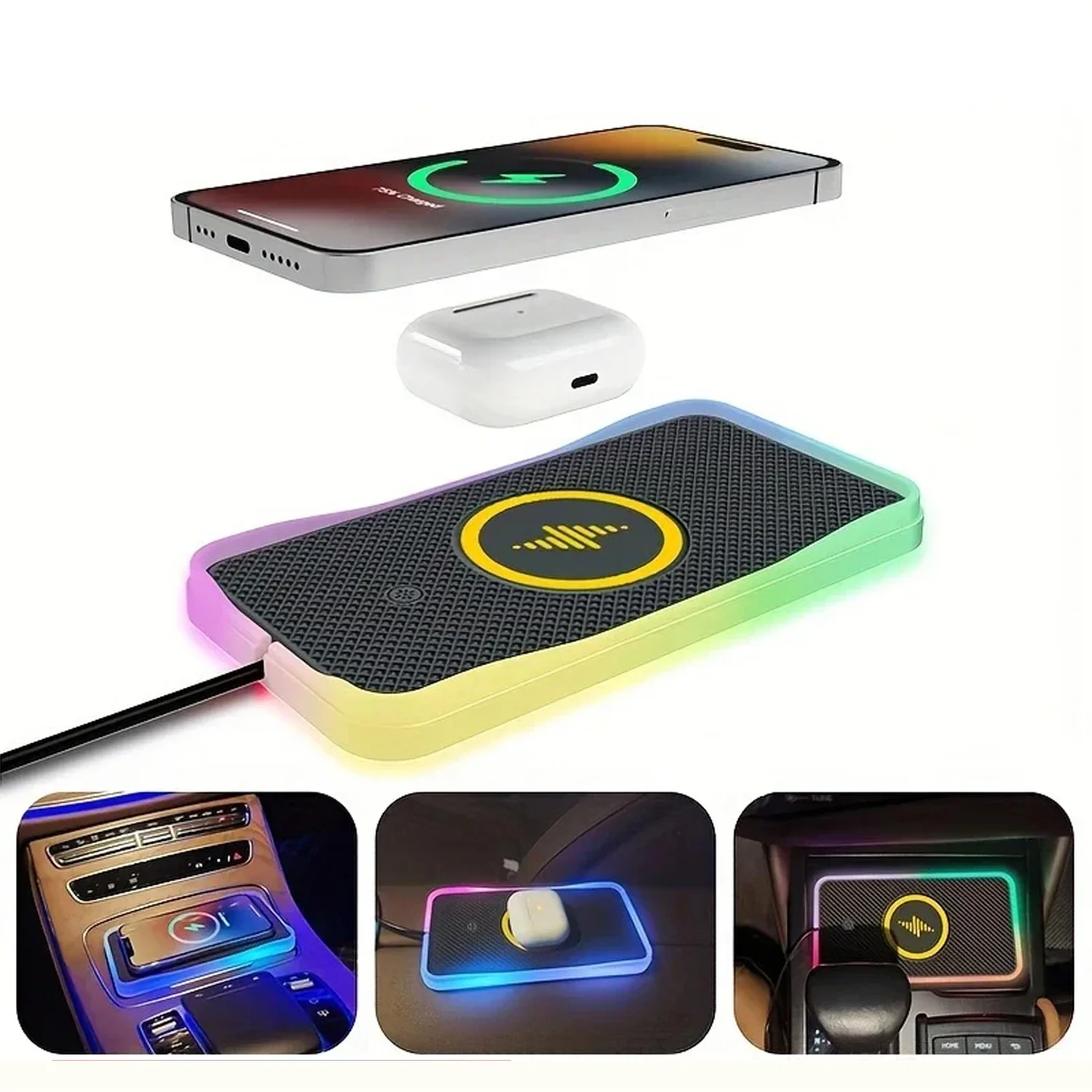 30W RGB Light Car Wireless Charger Pad for iPhone 15 14 13 12 11 Samsung S23 S22 Xiaomi Fast Wireless USB-A Phone Charging Pad