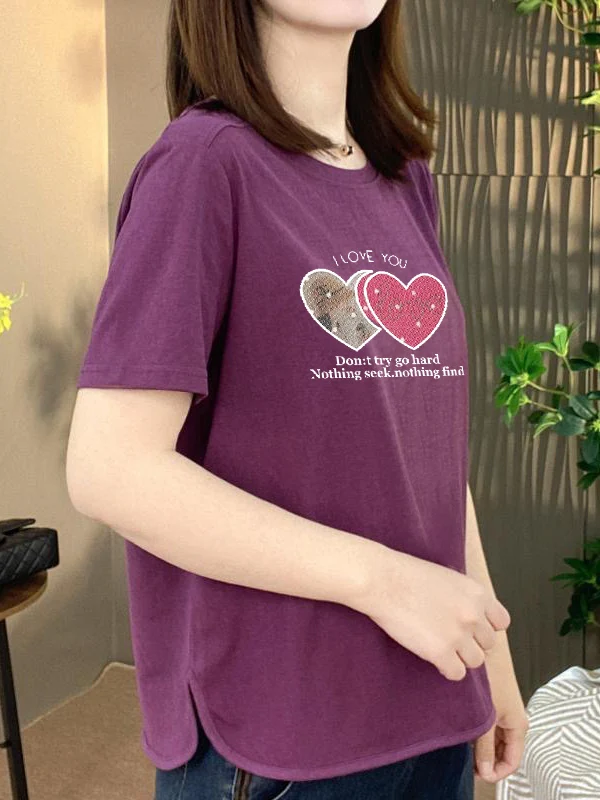 

Love Heart Print Loose Short Sleeve T-Shirt Women's Casual Style Standard Size Polyester Fiber round Neck Top for Middle-Aged...