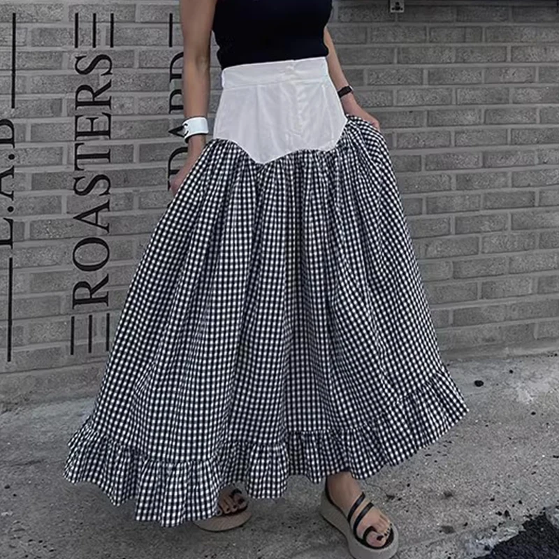 

Harajuku Women Long Y2k Skirt Black White Pliad Hit Color Patchwork Skirts High Street Gothic Skirt Korean Style Chic Skirt