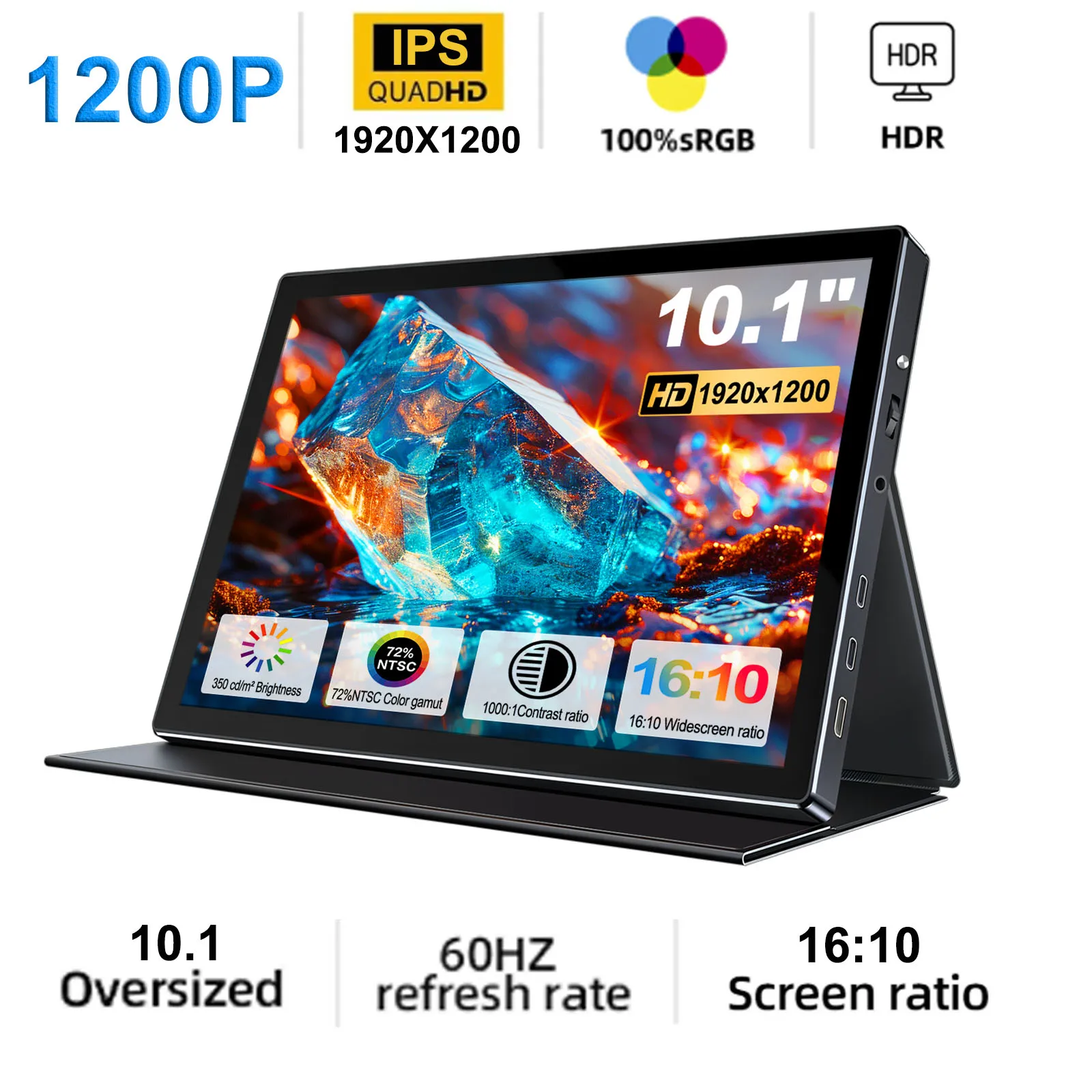 HOWENS 10.1-Inch Portable Monitor 1200P 100%sRGB 16:10 Low Blue Light For XBox PS4 / 5 Switch Cell Phone PC Loptop Extension