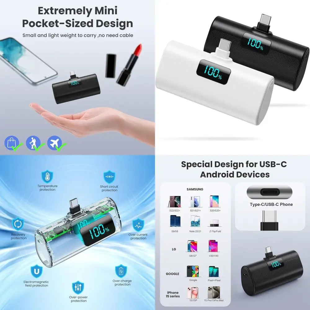 

Двухпортовый внешний аккумулятор 5200 мАч с USB-C, совместимый с iPhone серий 17/16/15 и устройствами Android