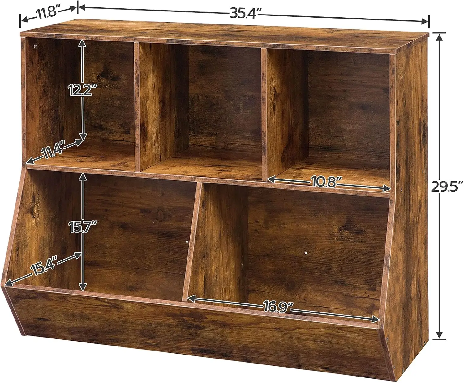 Kids Bookshelf with Toy Storage, 3 Open Compartments & 2 Tiltable Bins, Rustic Brown for Children's Room
