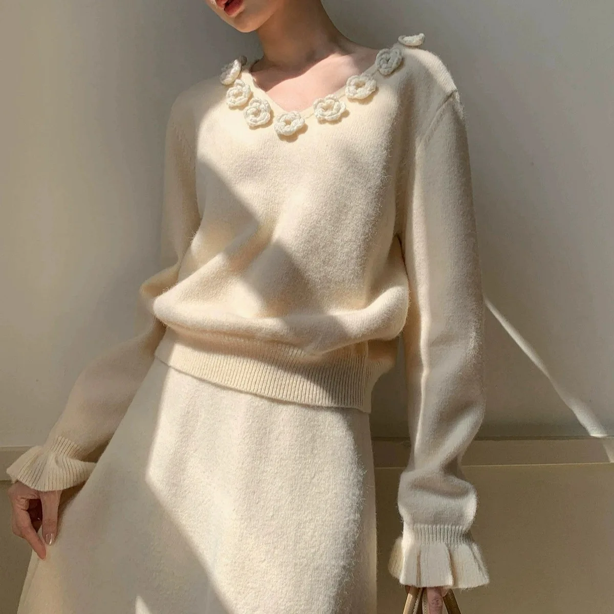 

Осень-зима Нежный вязаный комплект свитеров для женщин Faion 3D Flower f Body Long Sve Color Другой материал 00%