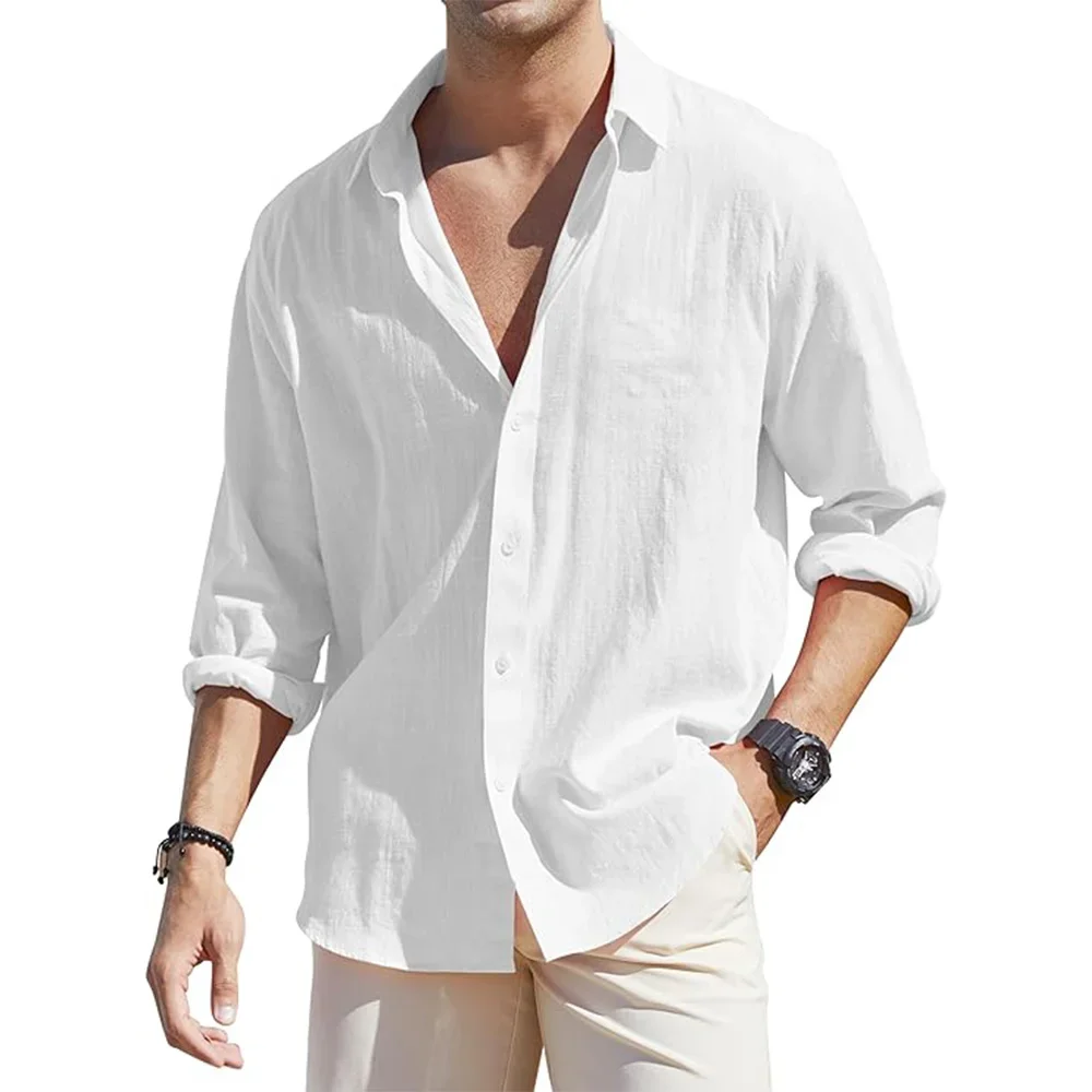 European and American men's loose long sleeved linen shirt, men's business casual button up shirt, lightweight and breathable va