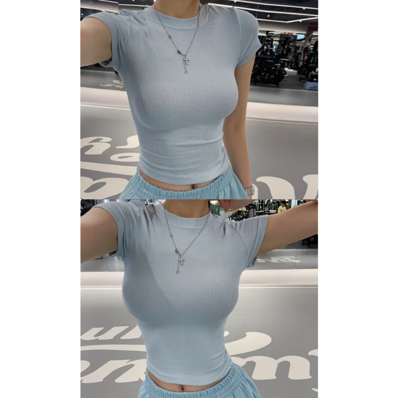 

American Kardashian Short Sleeve T-Shirt Women's Fitness Base Layer Top round Neck Slimming Sexy Tight Polyester Fabric