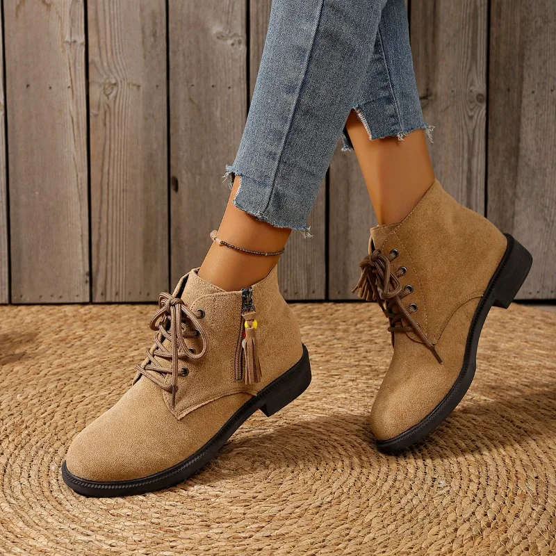 Women Faux Suede Lace‑Up Ankle Boots 3.5CM Low Block Heel Side Zipper Tassel Pendant Round Toe Casual Fall Winter Daily Footwear