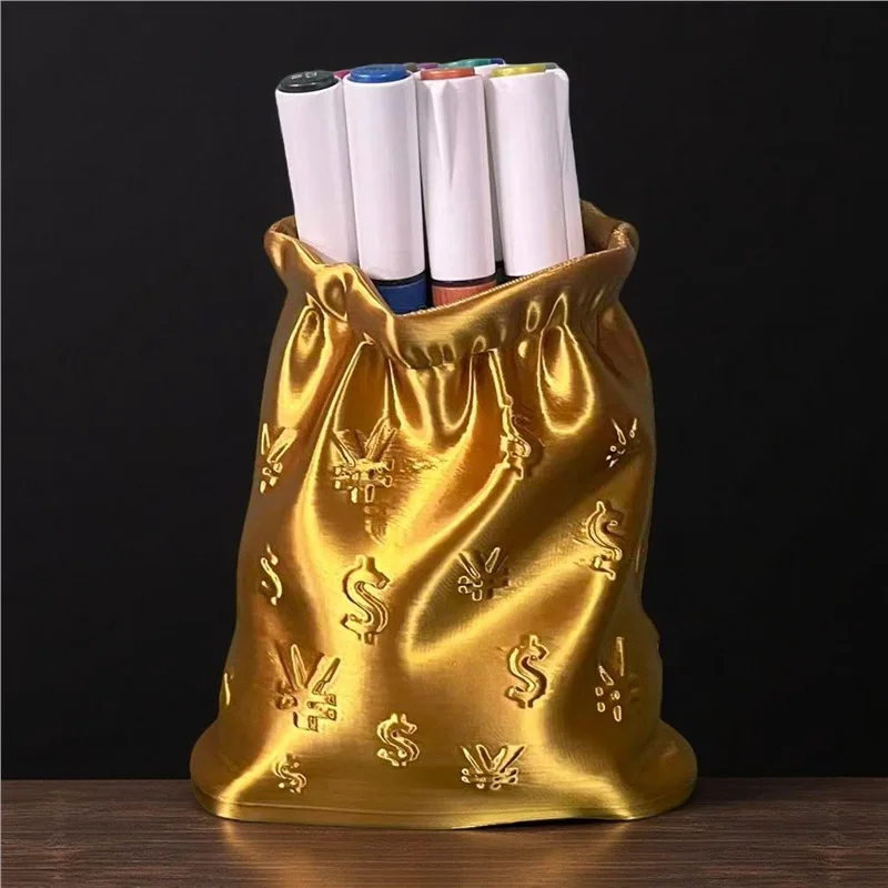 Gold Money Bag Personalized Pen Holder Storage Bucket Cartoon Student Desktop Office Large Capacity Storage Pen Holder