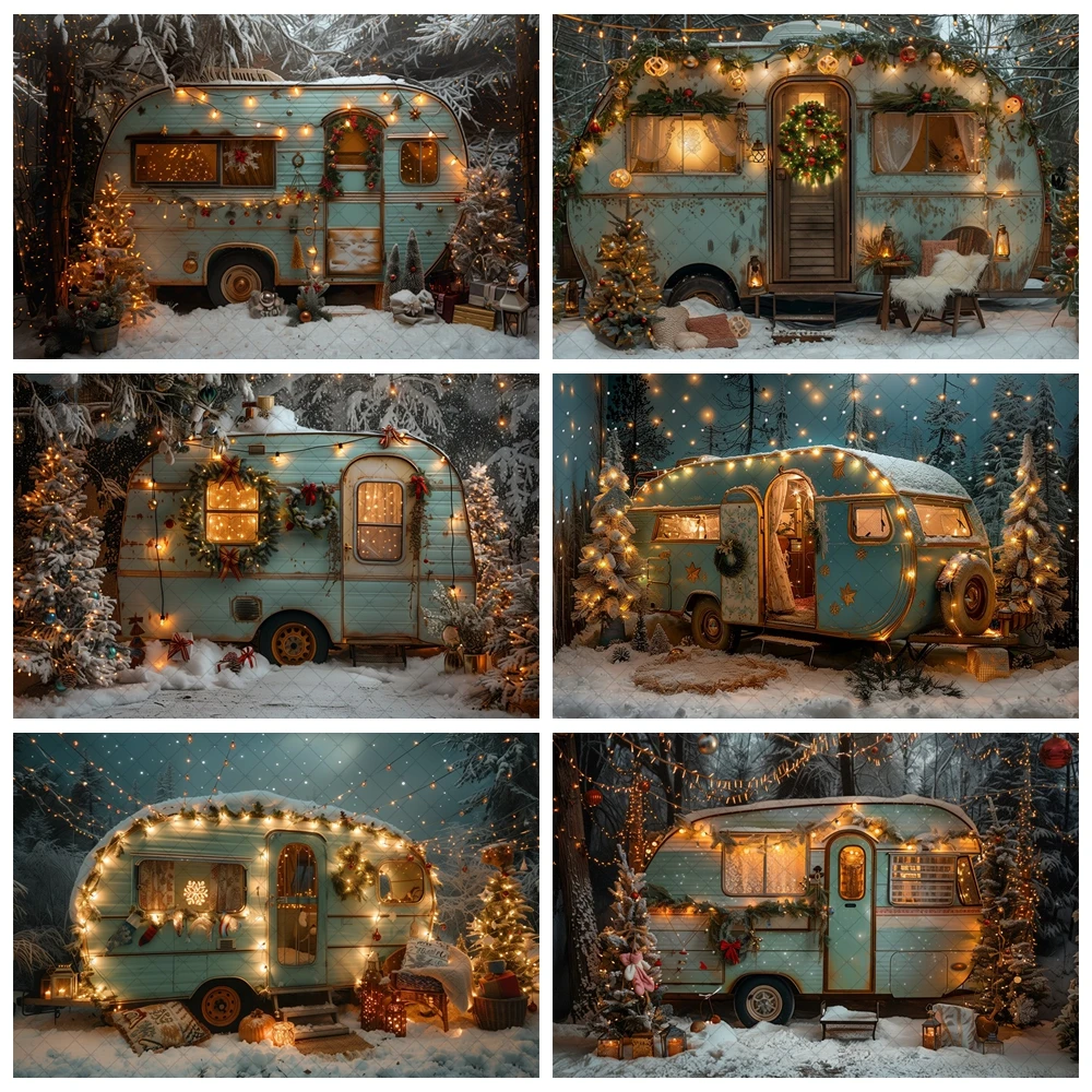 

Winter Christmas Snowy Car Background Camping Forest Xmas Trees Gifts Wedding Decor Kids Family Portrait Backdrop Photo Studio