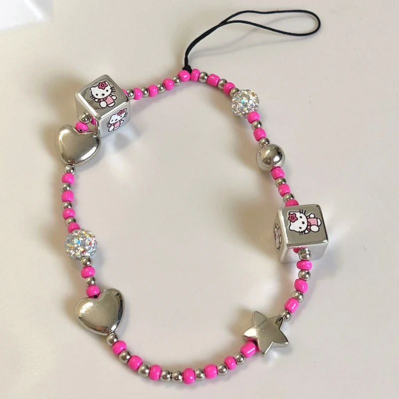 

Korean Fashion Pink Bead Hello Kitty Key Chain Kawaii Cute Charms Hello Kitty Pack Pendant Vintage Birthday Gift
