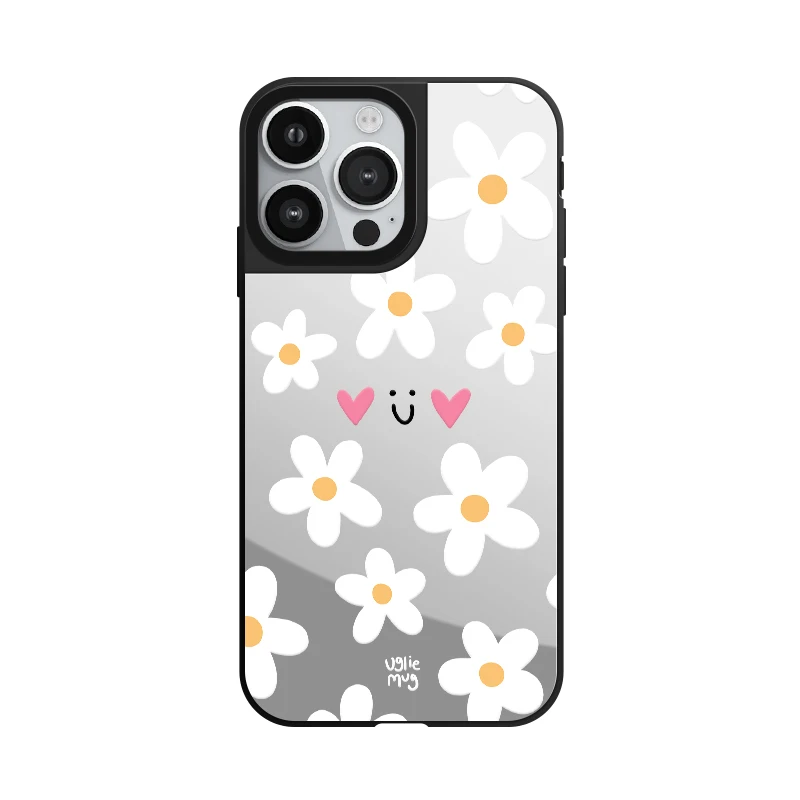 Smile Face Daisy Flowers Mirror Phone Case With MagSafe For iPhone 16 15 14 13 12 Pro Max Plus Anti-drop Shockproof Back Cover