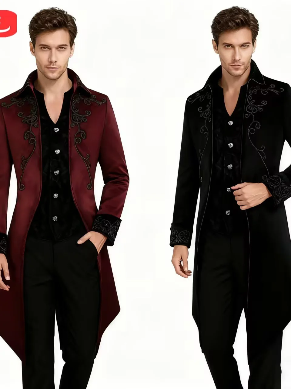 

Готический фрак Sle, мужское длинное пальто, цвет красного вина, вышивка, суд, ретро, панк, полиэфирное волокно, зимний сезон