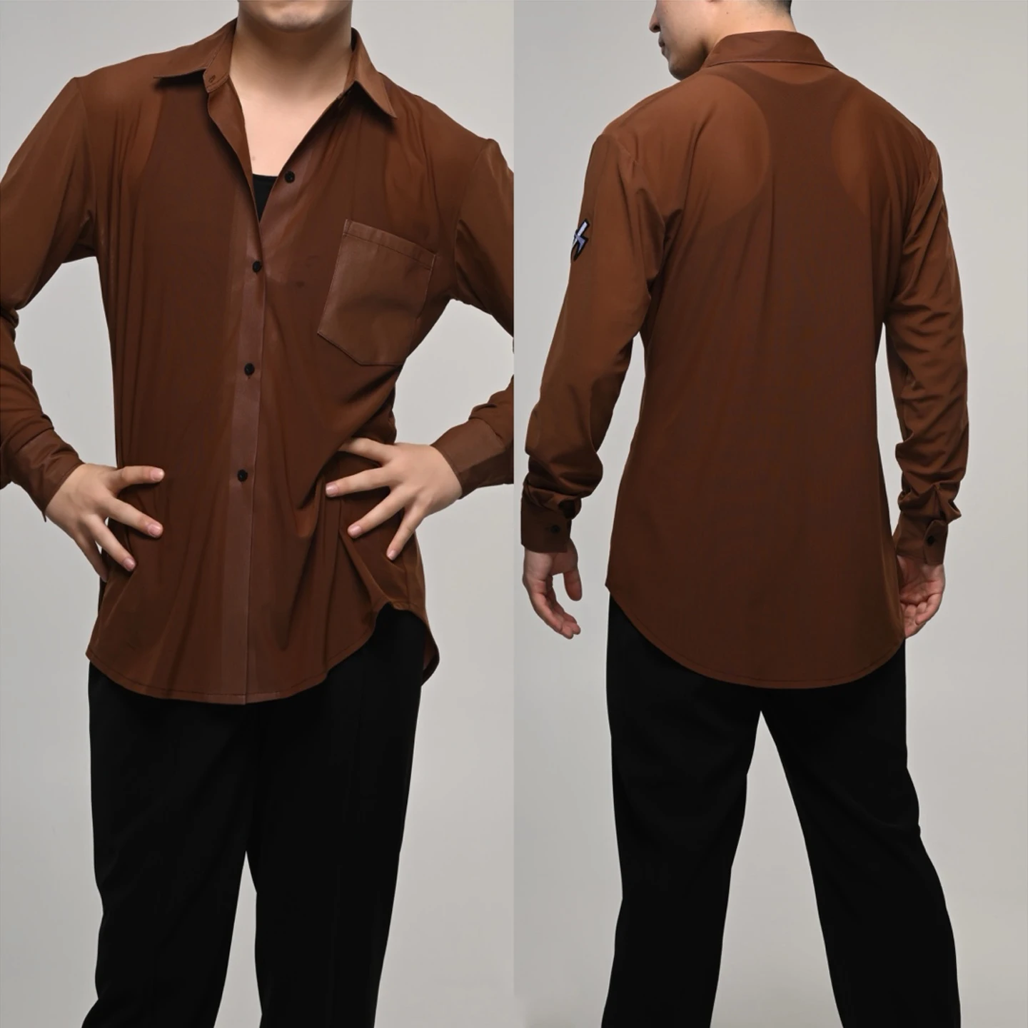Chemise de danse latine en maille marron noir pour hommes, Rumba Samba Cha Cha, hauts d'entraînement de danse de salle de bal, vêtements de danse latine pour hommes adultes DNV23744