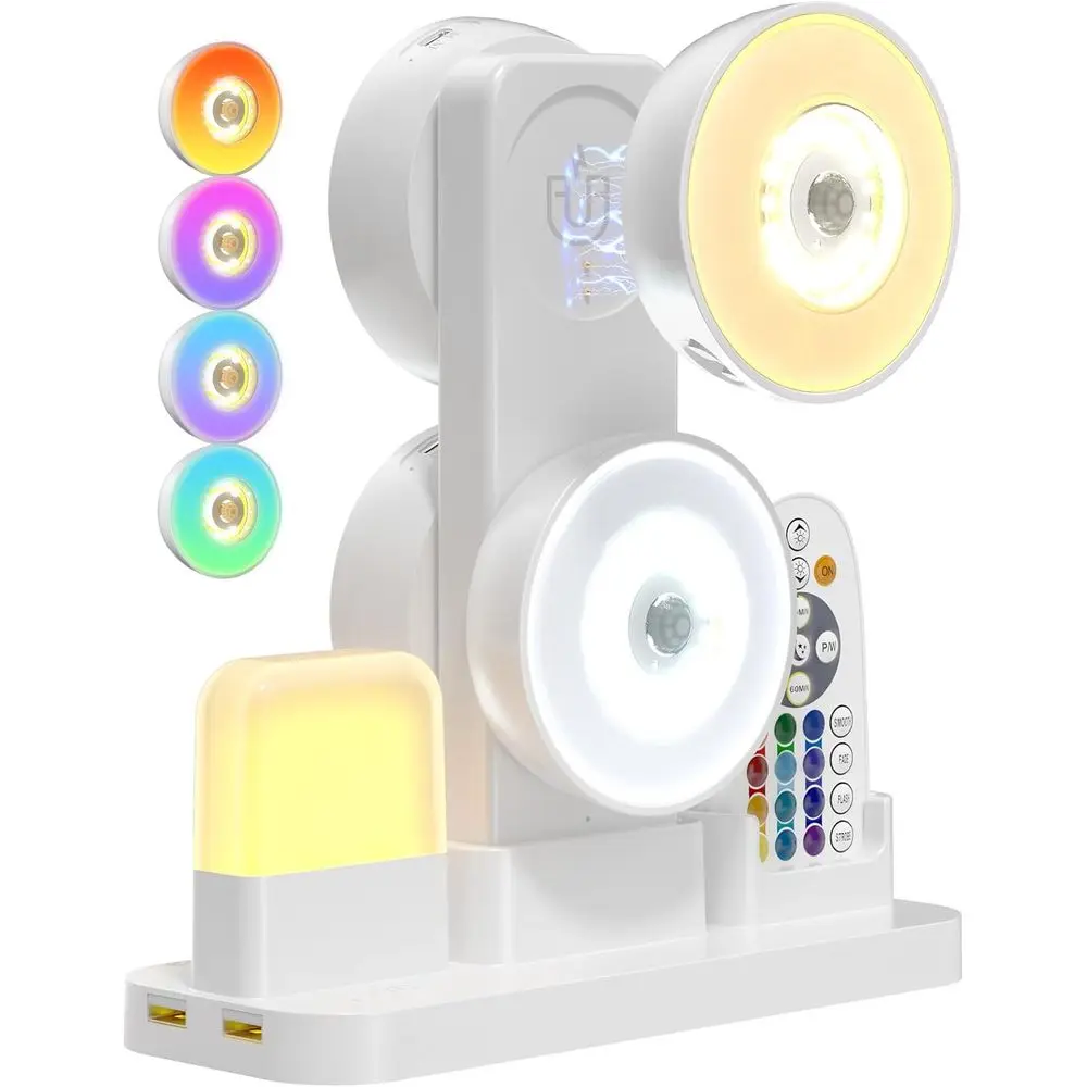 

4 Pack Under Cabinet Lights with Charging Station, Rechargeable Under Cabinet Lighting with Remote, 3 Color Temps & 12 RGB, Dimm