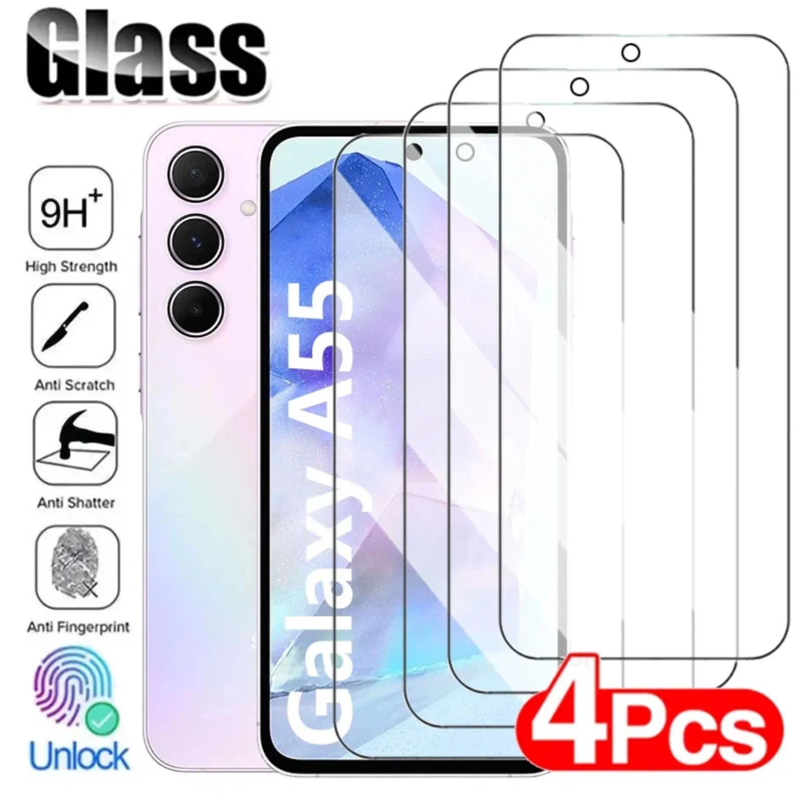 Protector de pantalla de vidrio templado para Samsung Galaxy, vidrio de protección para S20, S21, S23 FE, A51, A52, A53, A54, A55, A33, A73, A13, A14, A15, 4 unidades