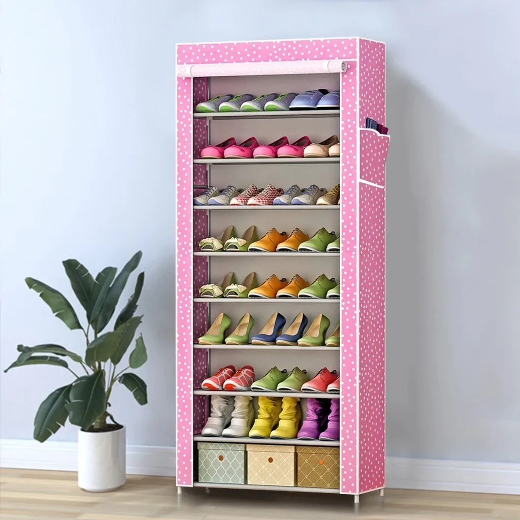 9-Shelf Shown Organizer Shutter Rack Shoes Slippers Clothes Objects 24 Pairs (Pink)