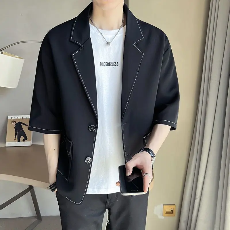 2023 Summer New Fashion Suit Embroidery Korean Style Men's Single-breasted Short-sleeved Jacket Boutique Clothing Simple Style