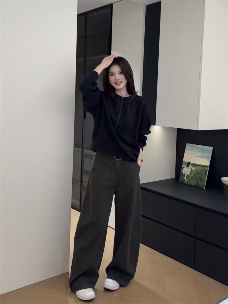 2025 شتاء جديد موضة فضفاضة الدافئة مقنعين سترة قطن عالية الخصر بنطال ذو قصة أرجل واسعة المرأة عادية بلون قطعتين مجموعة #1