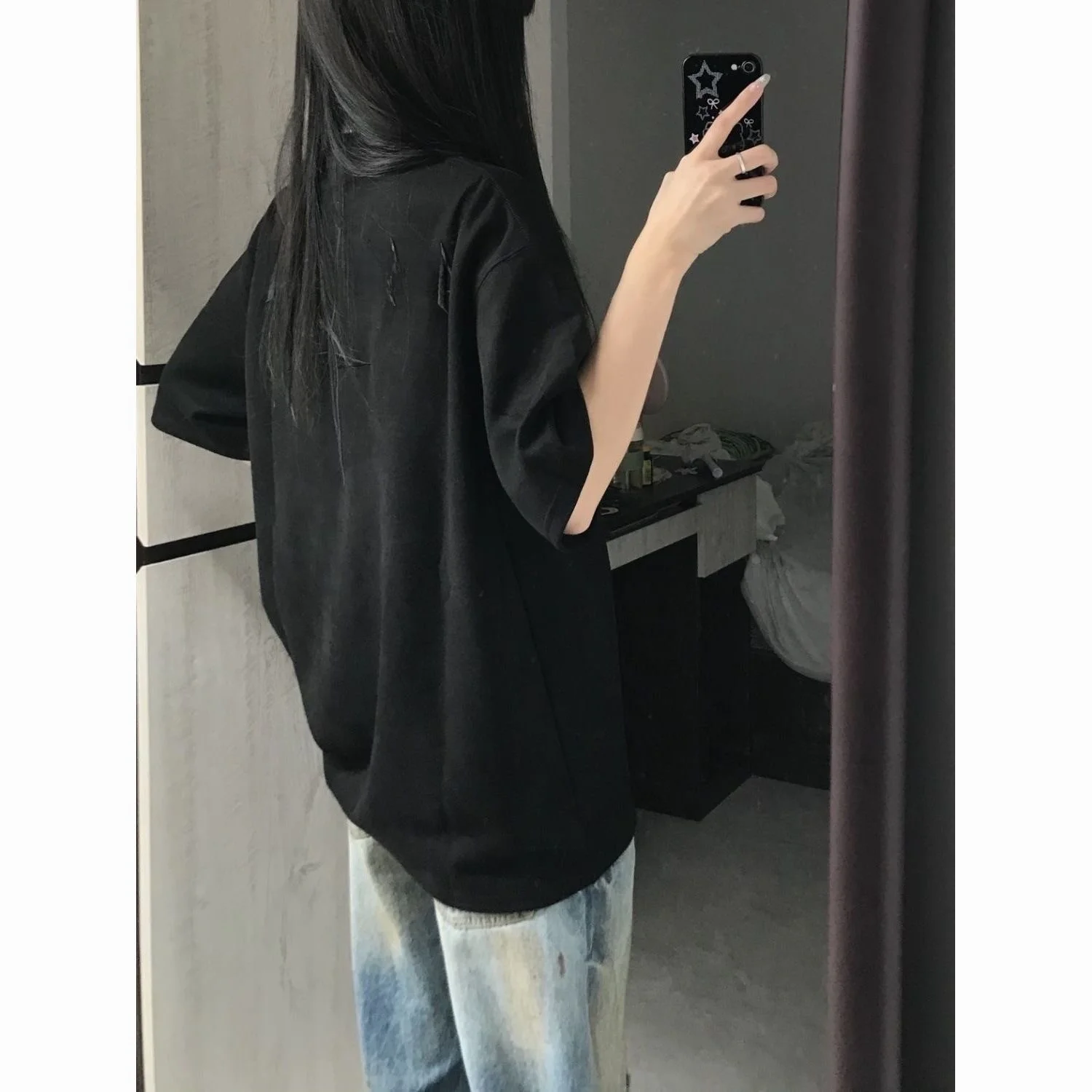 Summer Design Sensation American Retro Black Suede Letter Embroidery Short Sleeve T-Shirt Women's Loose Fit Sweet Style Top