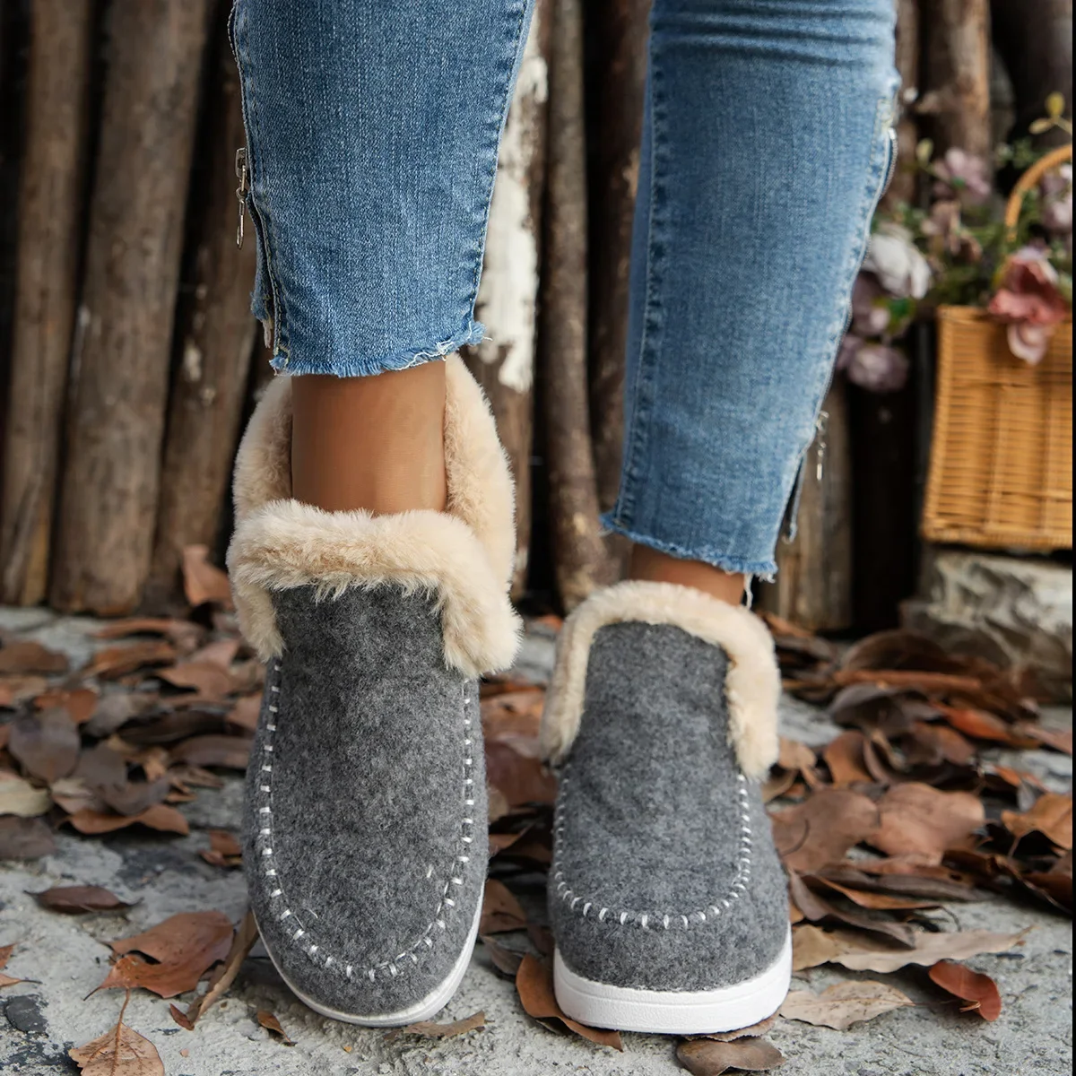 Winter Women Short Boots Round Toe Fashionable Comfortable Bag Heel Cotton Shoes British Style Flanged Casual Boots Plus Size