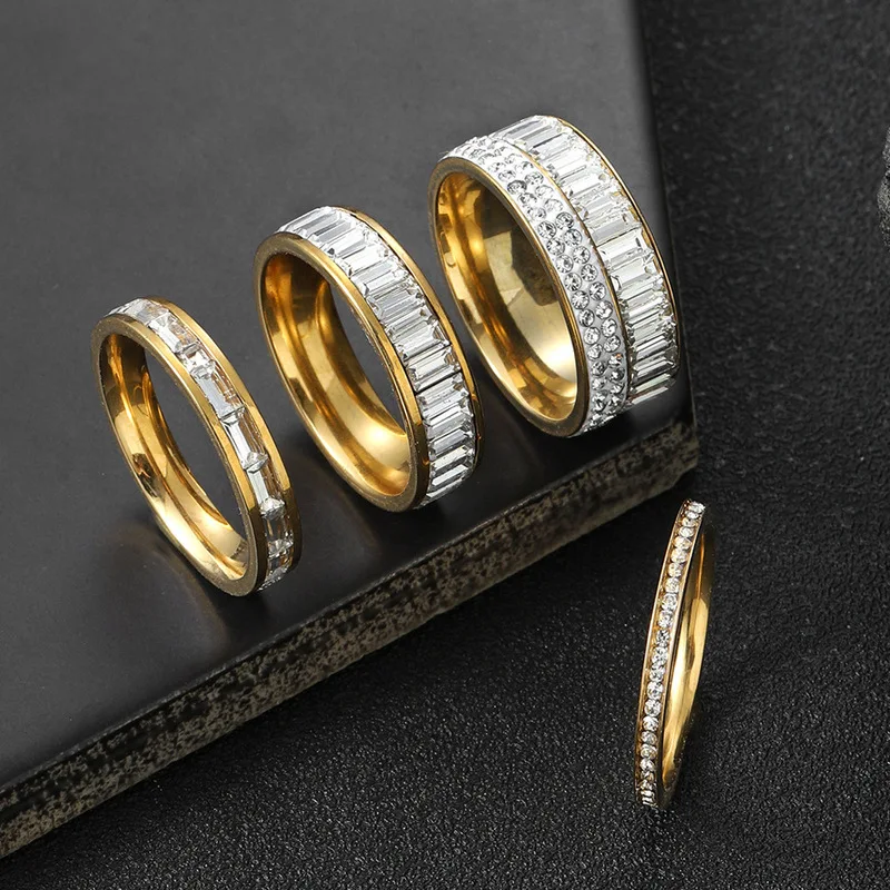 Men Gold‑Tone Stainless Steel Ring Baguette Zircon Full Paved Inlay Glossy Wide Band Wedding Promise Male Daily Finger Jewelry