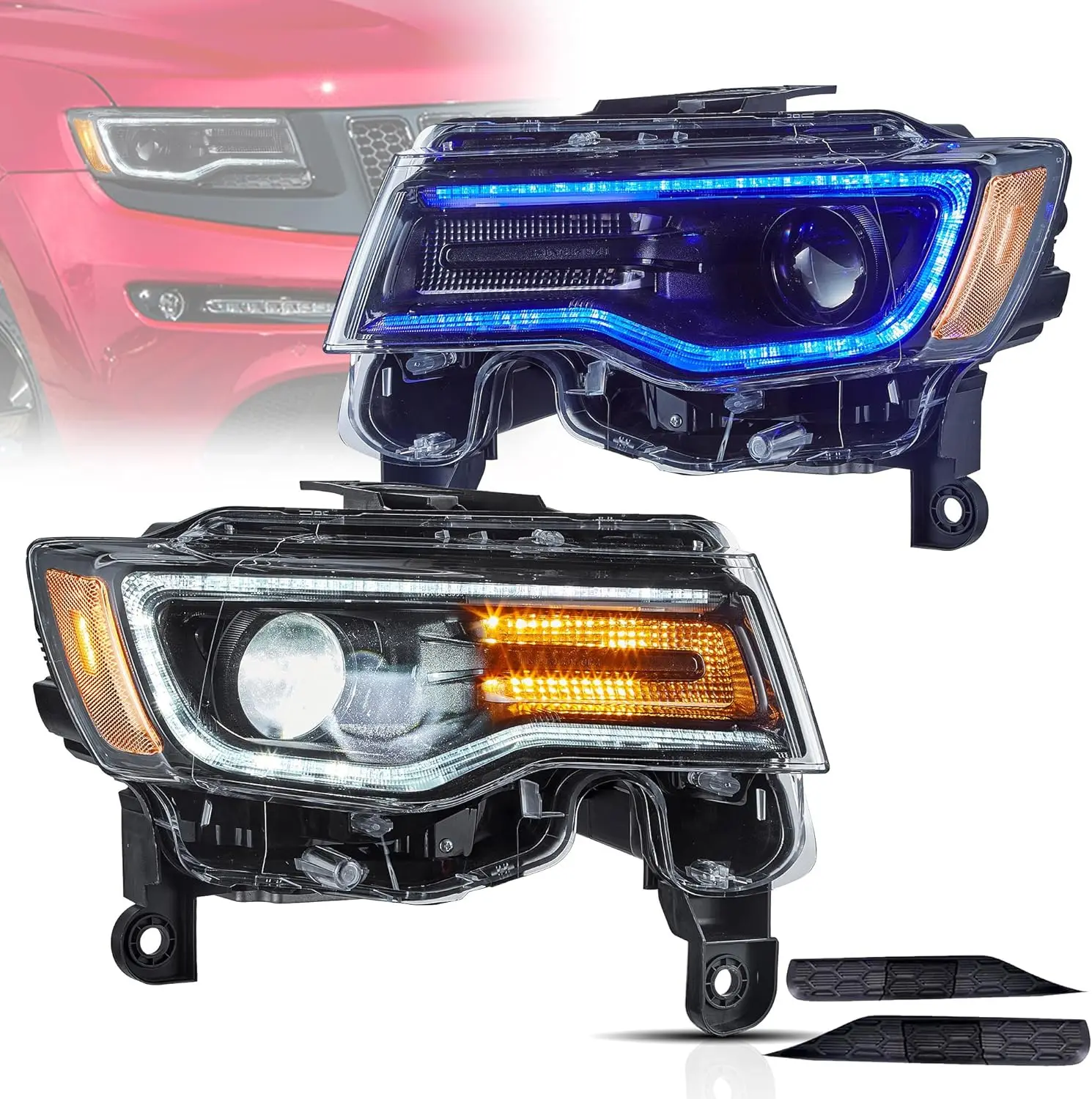 

Headlights For Jeep Grand Cherokee WK2 2014-2021 4th Gen With Start Bule to White Dynamic Animation and Sequential Tun Signa